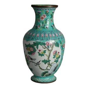 Antique Chinese Enameled & Polychromed Vase Floral Garden Scene With Birds