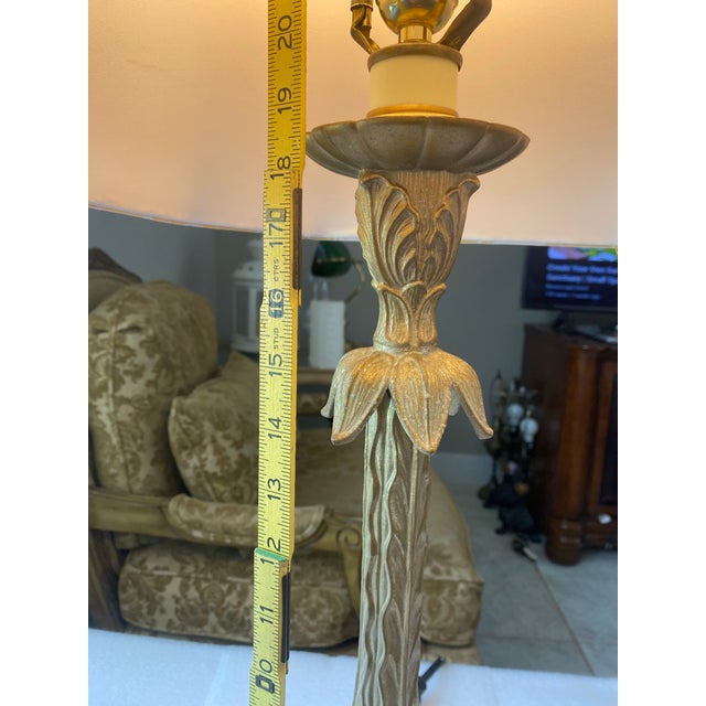 Metal Vintage Table Lamp Gold Tone Traditional Hollywood Regency Decorative Table Lamp Vintage Lighting Floral Motif Damask Shade For Sale - Image 7 of 9