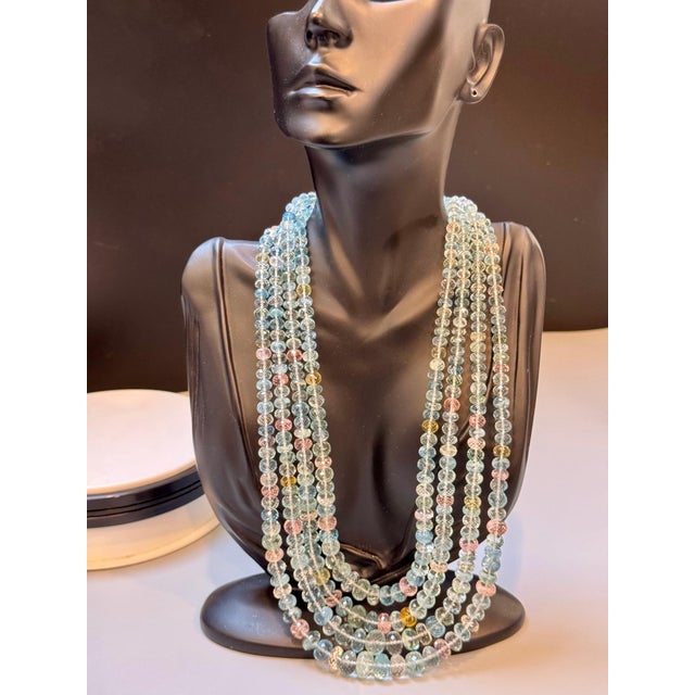 Contemporary 1000 Carat Natural Fine Aquamarine Bead Necklace, Four Strand in Metal Clasp For Sale - Image 3 of 18