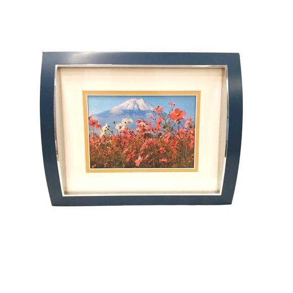 1970s MCM 3D Foil Art Deco Diorama Scene Mt Fuji Pink Cosmos Flower Concave Blue Frame For Sale - Image 4 of 17