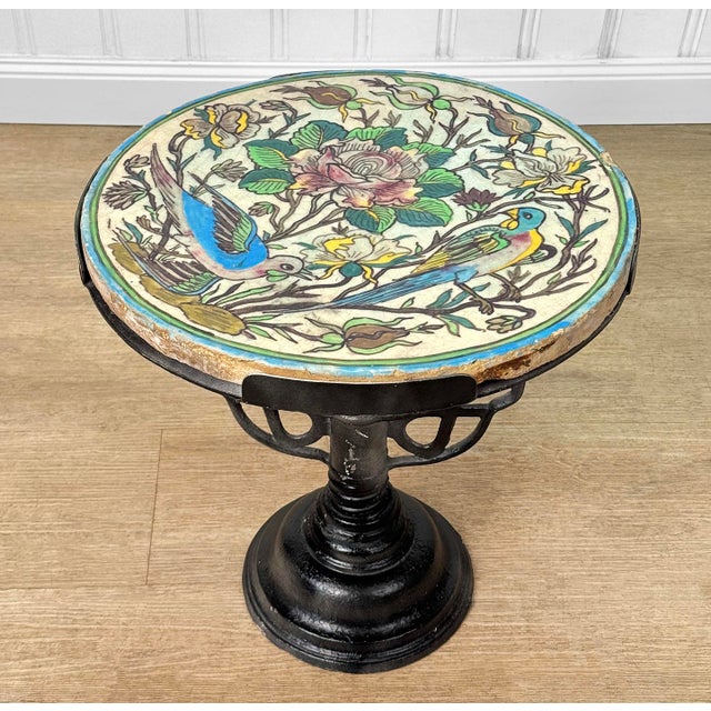 Antique Arts & Crafts Floral Birds of Paradise Glazed Round Garden Table For Sale - Image 4 of 10