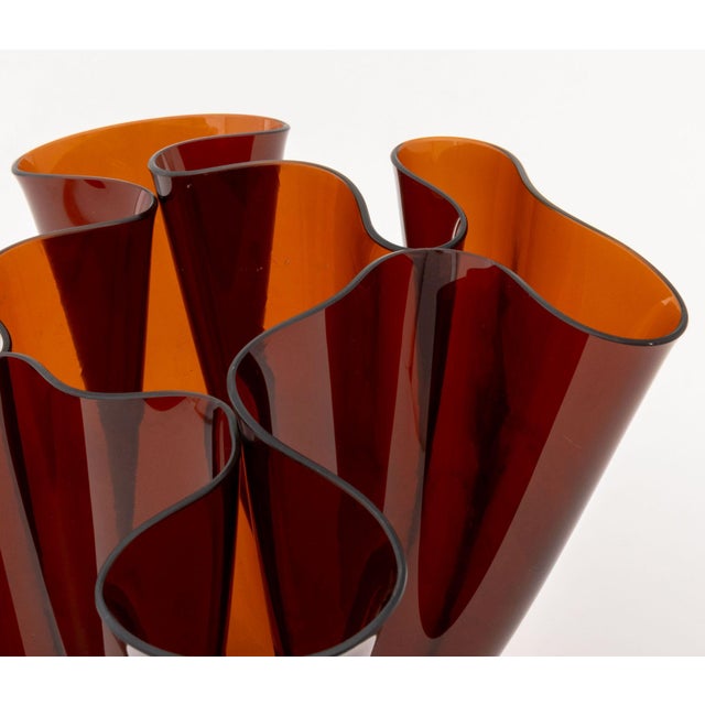 Fontana Arte Amber Art Glass Cartoccio Vase, designed, Pietro Chiesa, ruffle rim. 8.75" H x 10.5" W x 12.5" D. Provenance:...