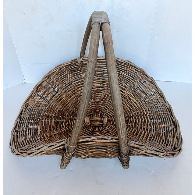 Rustic Antique Hand Crafted Bent Wood Frame Wicker Flower Gathering Basket For Sale - Image 3 of 8