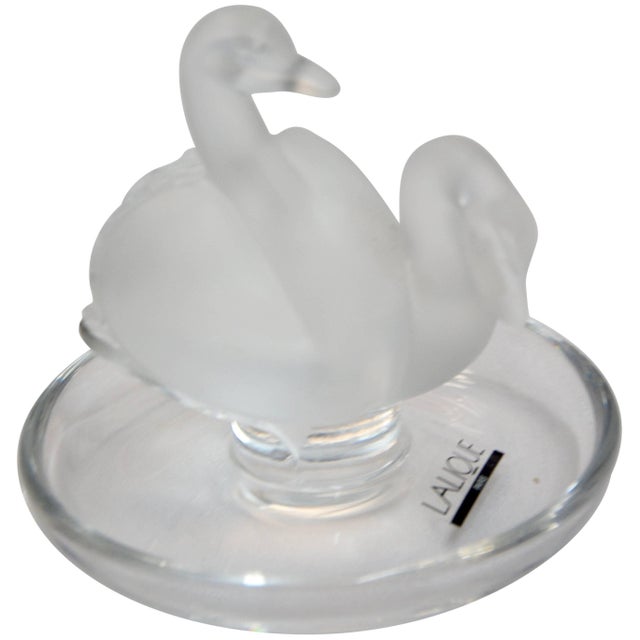 French Lalique Deux Cygnes Pair of Swans Clear and Satin Crystal Ring Dish For Sale - Image 11 of 11