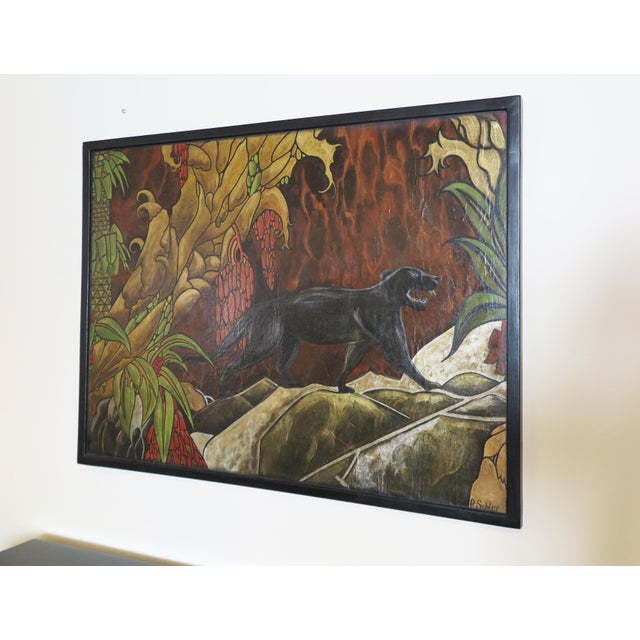 German Art Deco Painting part of original theatre backdrop. Signed by Fe Sohler. Size includes frame. Oil on Board. Black...