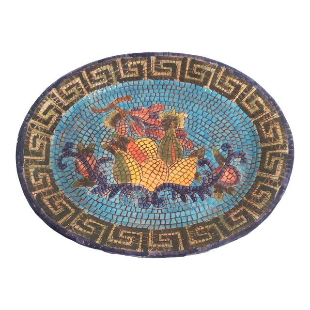 Vintage Large Colorful Greek Key Fruit Mosaic Serving Platter For Sale