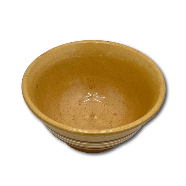 Nice Smaller 8 Inch Size Antique Thick - Heavy Brown & White Banded Yellow Ware Kitchen Batter Mixing Bowl - Late 1800s For Sale - Image 11 of 13