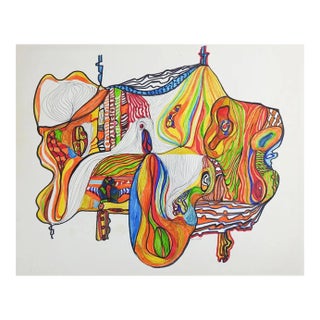 Vintage 1980s Colorful Abstract Watercolor and Pen Painting For Sale