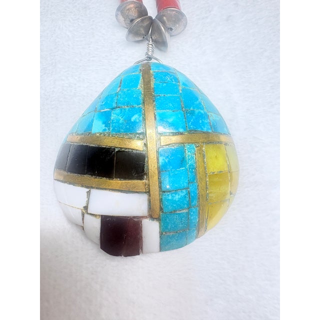 Red 1990s Handcrafted Southwestern Style Mosaic Pendant • Jasper, Aventurine, Onyx For Sale - Image 8 of 10