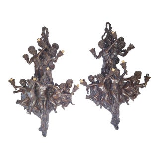Pair of Massive French Eight Cherub Putti Bronze Wall Sconces For Sale