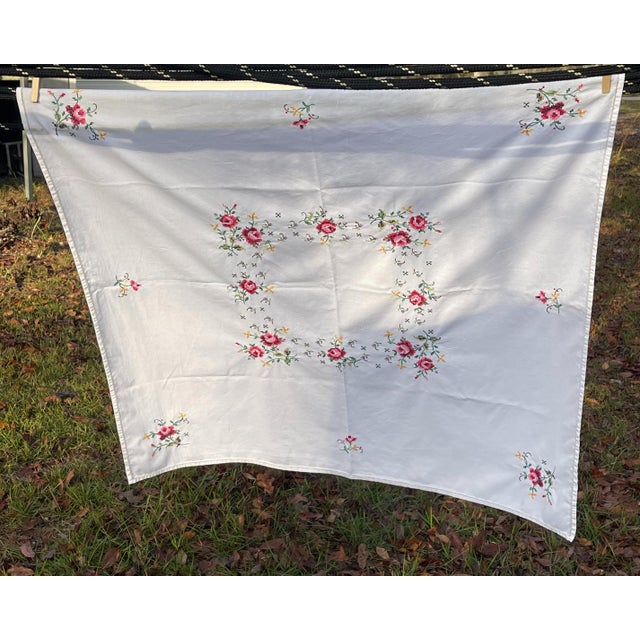 Textile Early 20th Century Embroidered Floral Square Tablecloth For Sale - Image 7 of 11