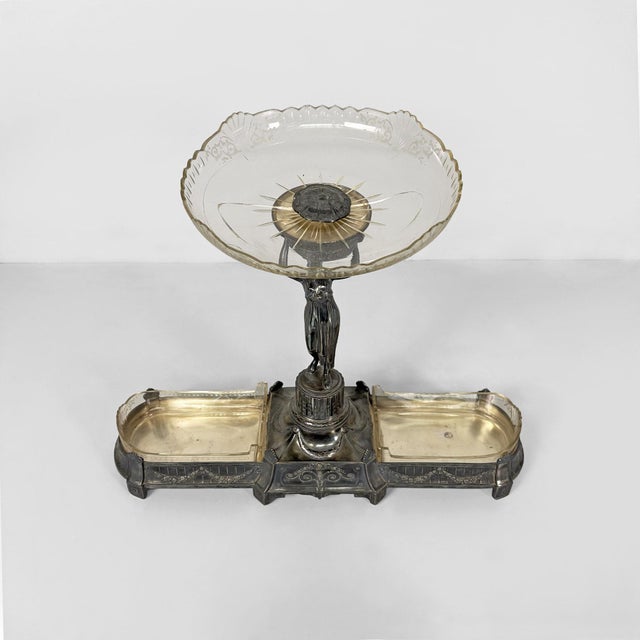 Italian art Nouveau silver-plated metal and glass sculptural centrepiece, 1930s Art Nouveau centrepiece featuring a shaped...