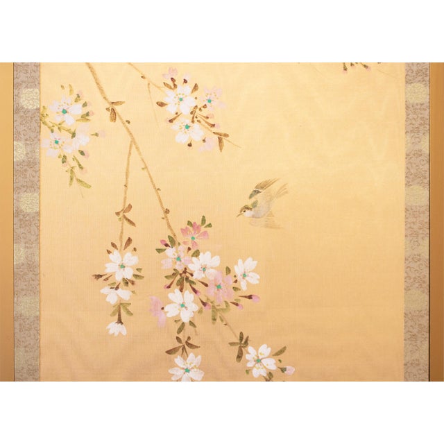 C. 1970s "Sparrow and Blossoming Sakura" Showa Era Japanese Painted Silk Panels, a Pair For Sale - Image 10 of 17