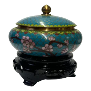 Chinese Teal Turquoise Metal Cloisonné Blossom Flower Theme Round Box