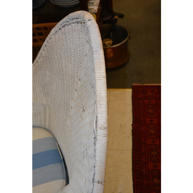 Vintage White Wicker Oversized Fan Back / Cobra Patio Arm Chair With Blue Stripe Cushion For Sale - Image 12 of 12