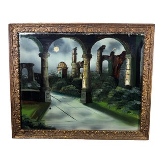 19th Century Reverse Glass Painting With Mother-of-Pearl Inlay in Gilt Frame For Sale