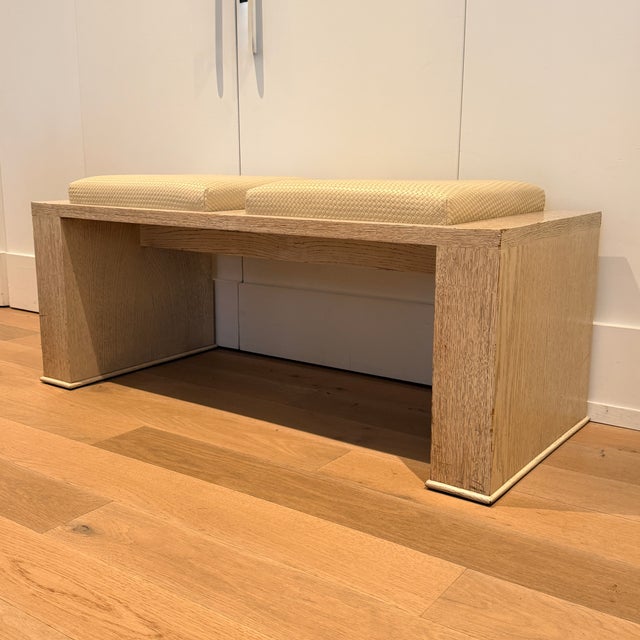 Bench with Woven Leather Cushions A unique, great-looking piece! A washed wood Parsons-style bench with two integrated...