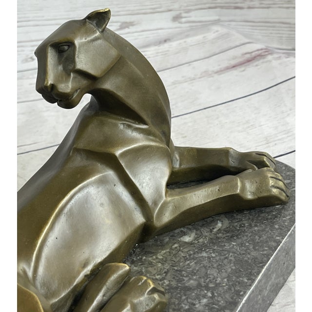 Metal Handcrafted Henry Moore Mountain Lion Bronze Sculpture Marble Base Figurine For Sale - Image 7 of 10