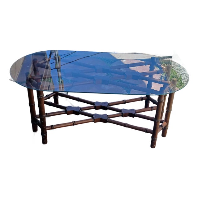1960s Hollywood Regency Chinoiserie Faux Bamboo Glass Top Coffee Tableee For Sale
