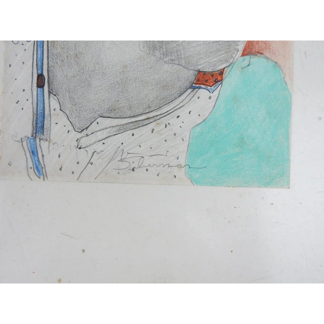 Small vintage mid 20th century colored pencil on paper portrait drawing of woman in turquoise blouse. Signed Silverman...