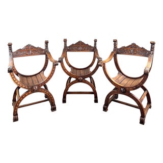 19th Century Renaissance Wooden Armchairs, Set of 3 For Sale
