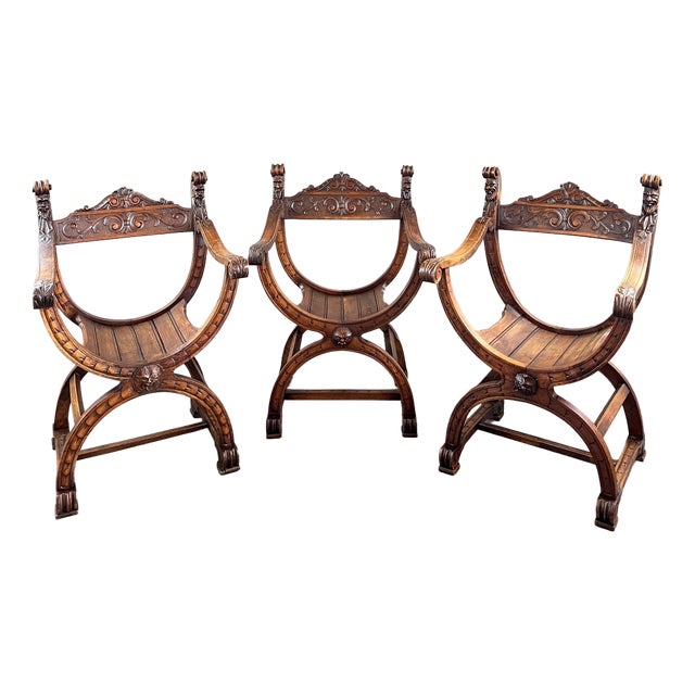 19th Century Renaissance Wooden Armchairs, Set of 3 For Sale