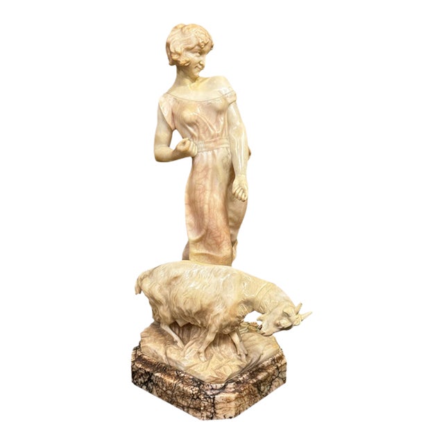 Late 19th Century Hand-Carved Alabaster Figurative Sculpture Depicting a Young Woman or Shepherdess With a Goat/Sheep, For Sale