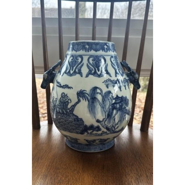 Mid 20th Century Vintage Chinese Blue and White Porcelain Signed Vase | 10in. Wide, 8in. Deep and 10in. Tall | $100 | Dm to Purchase For Sale - Image 5 of 7