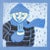 Serigraph on paper of character bundled up for winter holding a steaming cup of coffee or hot chocolate. In blue and...