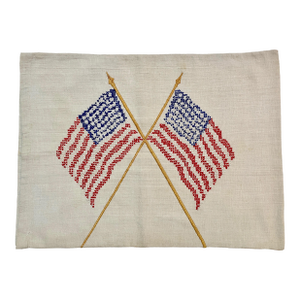 Antique Embroidered American Flags Homespun Linen Pillow Cover -