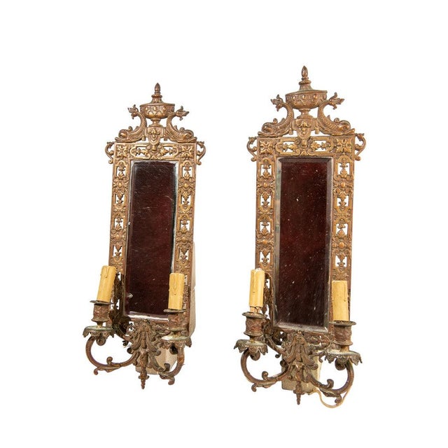 Neoclassical 19th Century Bronze Neoclassical Bradley & Hubbard Gilt Mirrored Candle Wall Scones - a Pair For Sale - Image 3 of 3