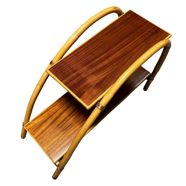 1950s 1950s Rattan & Mahogany Double Arch "Tropitan" 2-Tier Side Table by Ritts For Sale - Image 5 of 11