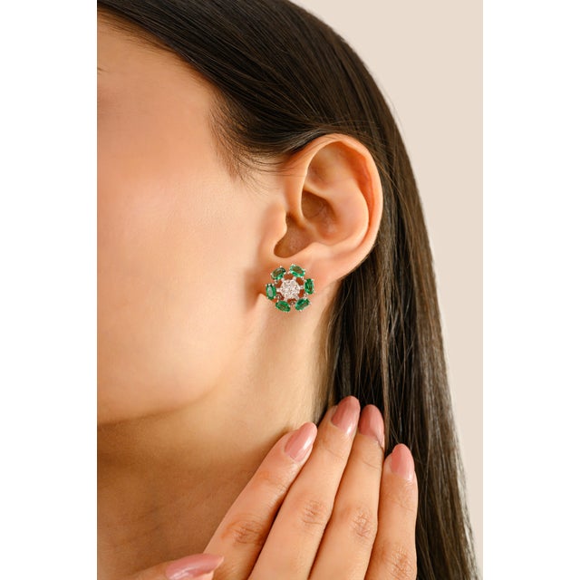 Metal 14k Versatile Emerald Diamond Flower Cluster Stud Earrings- A Pair For Sale - Image 7 of 10