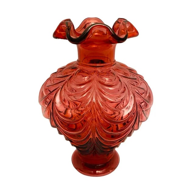 American Vintage Fenton Cranberry Art Glass Drape Feather Vase For Sale - Image 3 of 6