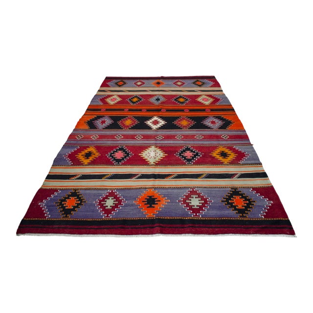 1960s Handwoven Turkish Rug Kilim Tribal Colorful Rug Living Room Decor - 6′1″ X 10′3″ For Sale