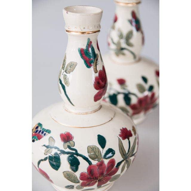 White Antique Italian Floral & Butterflies Double Gourd Vases - a Pair For Sale - Image 8 of 9