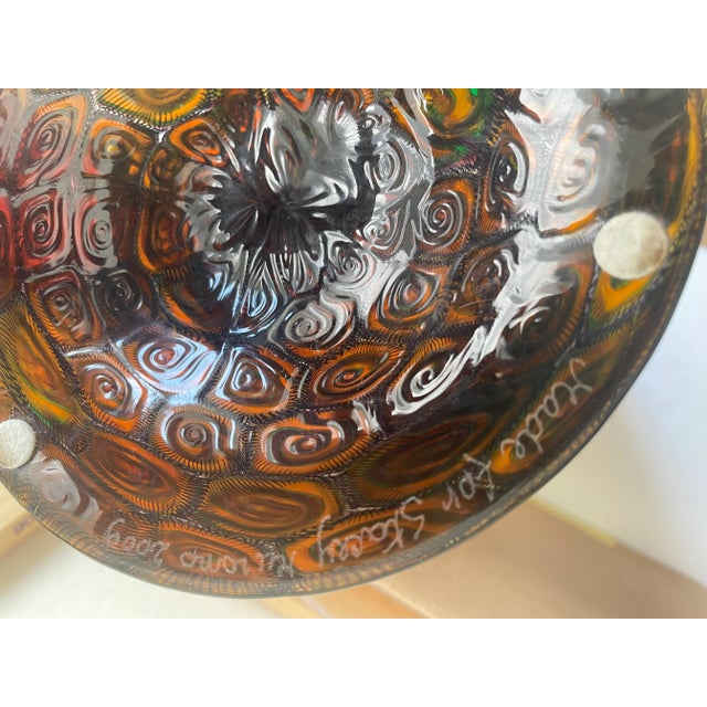 Large Collectible, Hand-Blown Amber-Colored Murano Art Glass Vase With Green and Purple Murrine by Master Glassblower Adriano Dalla Valentina For Sale - Image 16 of 18