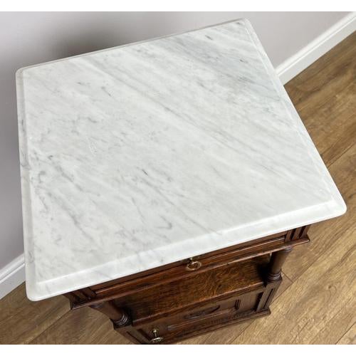 French Bedside Tables in Carved Oak with Marble Top, Set of 2 For Sale - Image 12 of 16