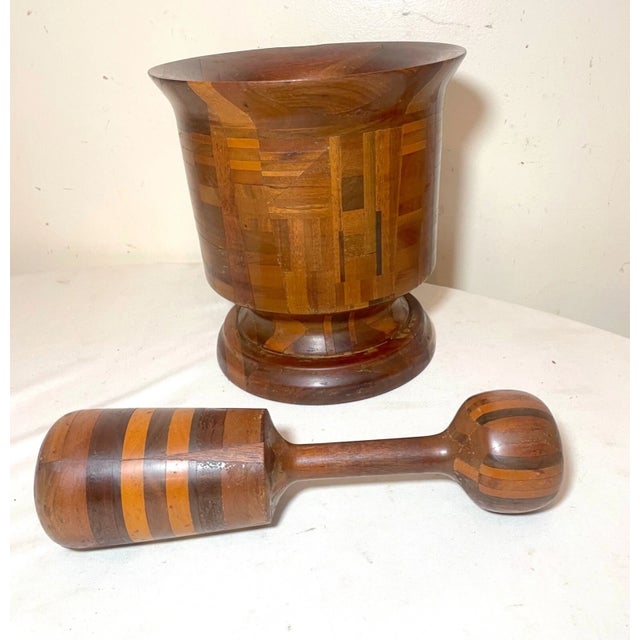 19th Century Share Huge Rare Antique Hand Made Turned Carved Wood Marquetry Mortar and Pestle Large For Sale - Image 5 of 12