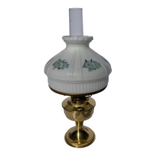 Mid-Century Brass Oil Lamp With Painted Glass Shade For Sale