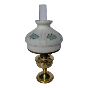 Mid-Century Brass Oil Lamp With Painted Glass Shade
