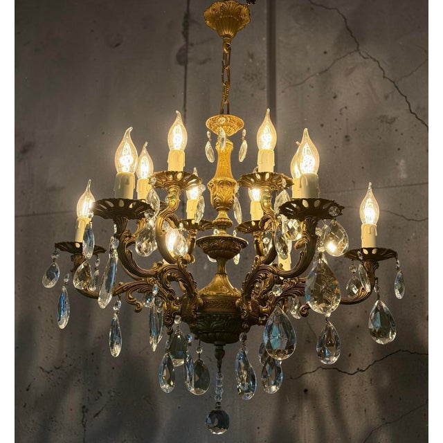 Rococo Antique Gilded 12-Light Crystal Chandelier, 1890s For Sale - Image 3 of 11