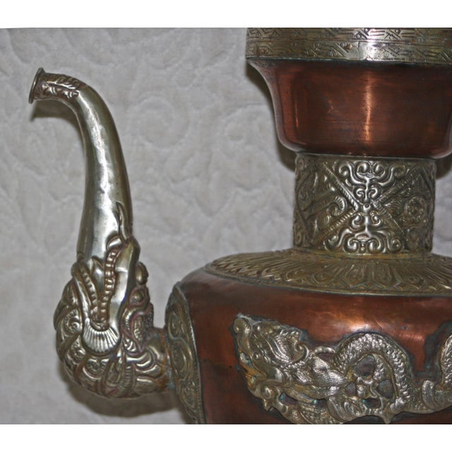 1930s Antique Tibetan Copper With Silver Ornamentation Teapot For Sale - Image 5 of 6