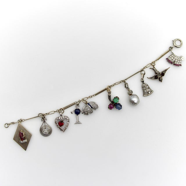 1920s Art Deco 14k Gold and Platinum Diamond and Gem Set Charm Bracelet For Sale - Image 9 of 12