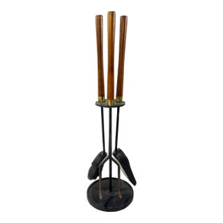 Vintage Seymour MCM Iron and Wood Fireplace Tools on Stand For Sale