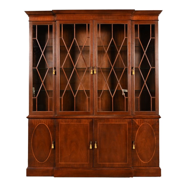 Baker Furniture Historic Charleston Georgian Inlaid Mahogany Breakfront Bookcase Cabinet For Sale