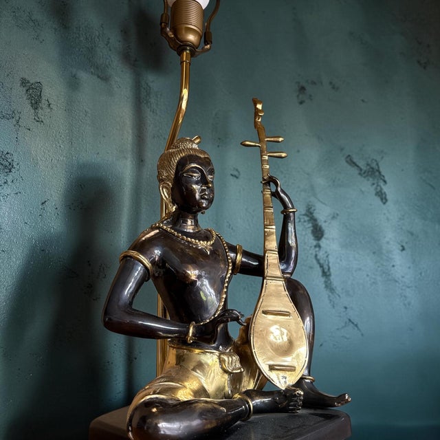 Late 20th Century Art Deco Bronze Statue Lamp With Gold-Tone Shade For Sale - Image 10 of 12