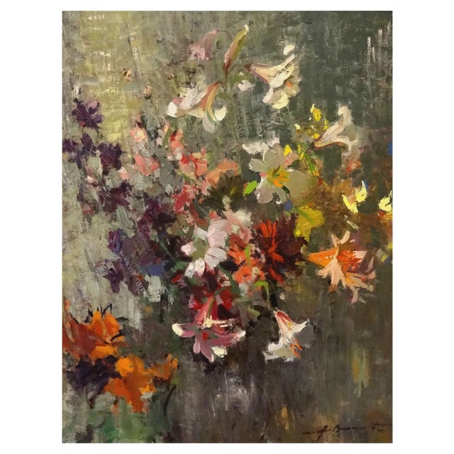 Alfejs Bromults, My Garden Flowers, 1974, Oil on Cardboard For Sale
