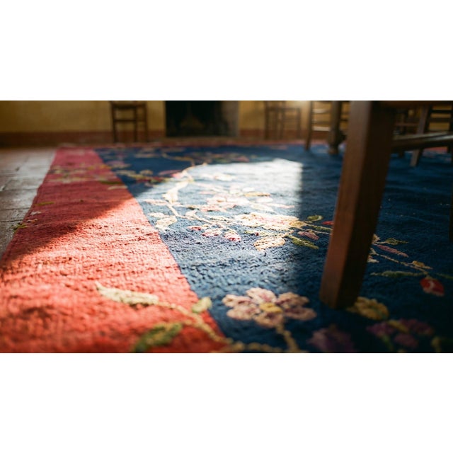 1920s Navy Blue Floral Antique Chinese Art Deco Carpet 7' 10'' X 9' 7'' Knotted Pile Wool Rug For Sale - Image 15 of 15