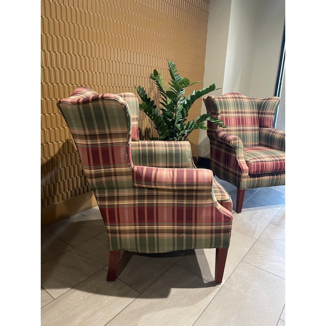 Stunning Pair of Custom Calico Corners Plaid Wingback Accent Chairs. Exquisitely upholstered! The detailed craftsmanship...
